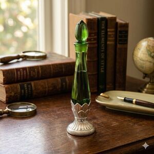 NIB Vintage 70s Emerald Green Glass Bud Vase MCM Moonwind Cologne 3oz FULL Avon